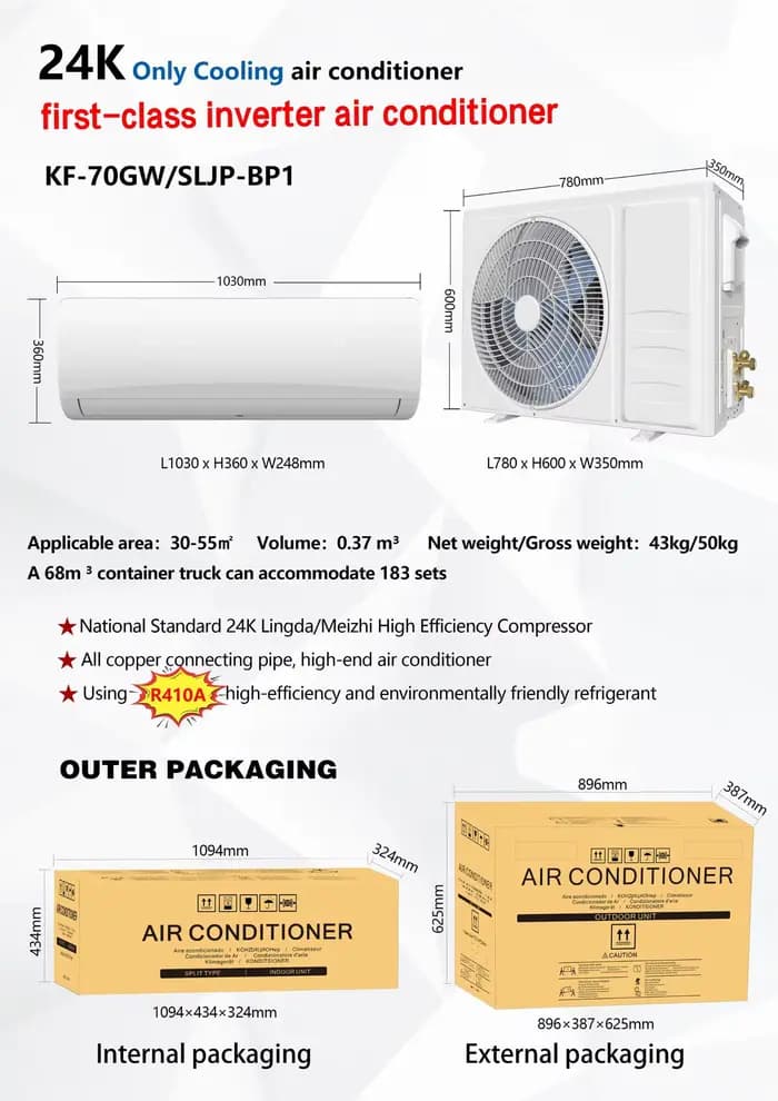 Climatiseur mural split Inverter 24000 BTU, refroidissement/chauffage uniquement, R410A, tuyauterie 