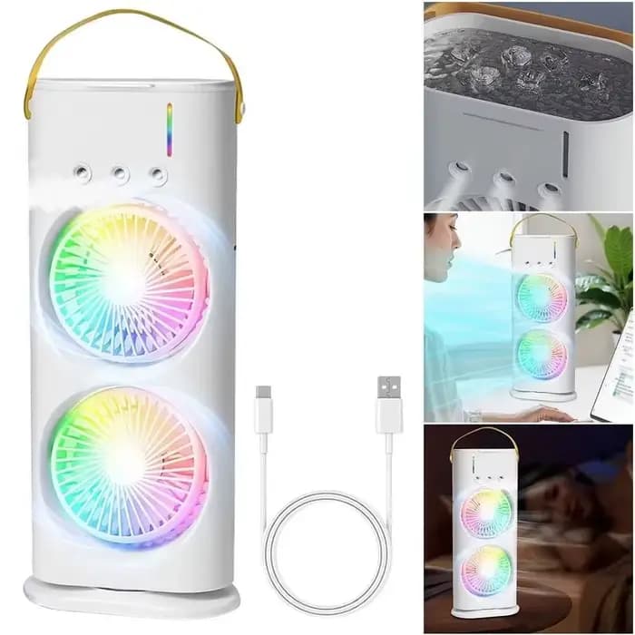 Climatiseur portable 3 en 1 à double tête, éclairage d'ambiance, faible bruit, vitesse du vent réglable, veilleuse LED, usage quotidien