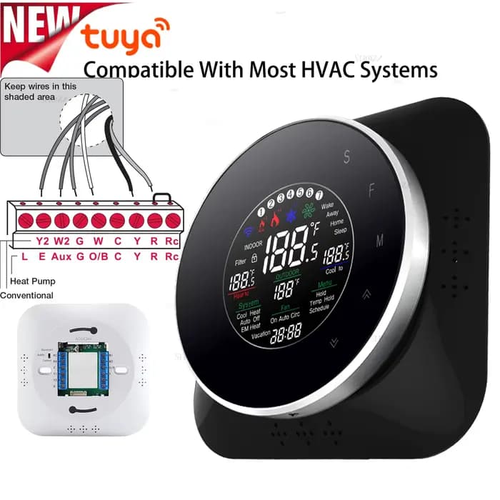 Thermostat TUYA WIFI 24VAC pour pompe à chaleur à source d'air système HVAC compatible avec chaudières énergie aérienne chauffage solrayonnant assistants vocaux alice alexa google智能家居温控系统适用于空气源热泵和各种HVAC系统