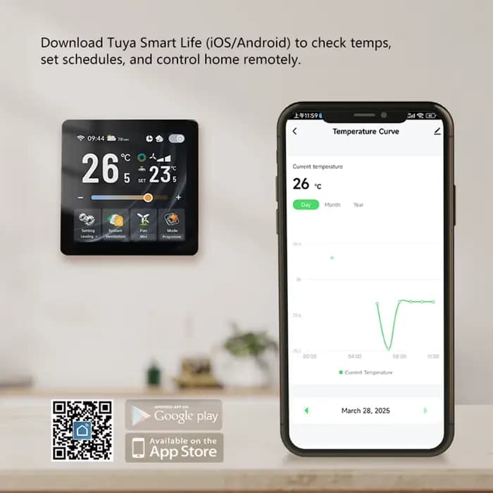 Thermostat de climatisation central avec écran tactile HD 4" pour systèmes de ventilation et de conduits d'air commande vocale programmation hebdomadaire智能家居中央空调恒温器带高清触摸屏，适用于通风和空气管道系统，支持语音控制和周编程