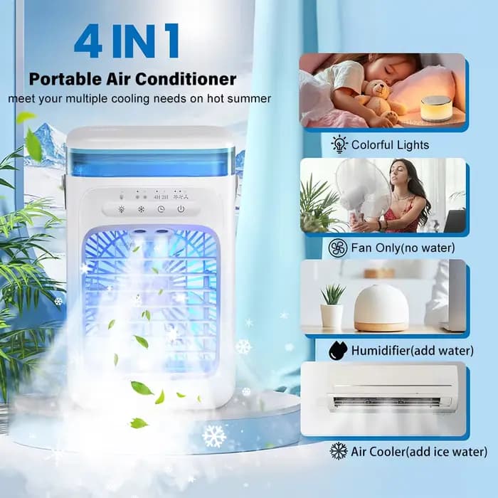 Ventilateur Climatiseur Portable 4-en-1 avec Humidificateur, Lumière LED Nocturne et Minuteur pour Maison et Bureau